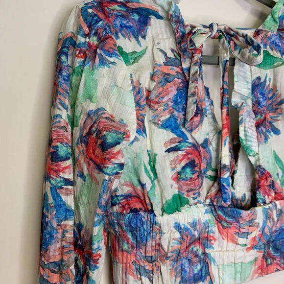 By Anthropologie Floral Plunging Neckline Long  Sleeve Crop Top Size XS - Picture 8 of 12